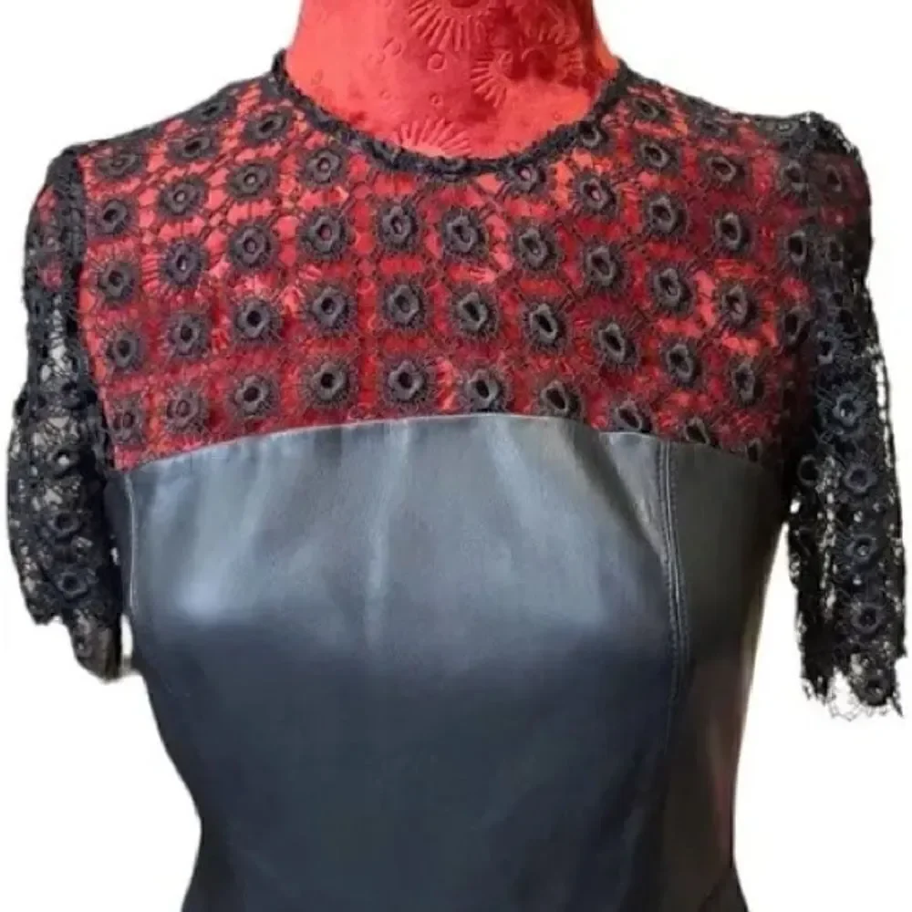 Zara Black Faux Leather & Eyelet Lace Short Sleeve Mini Dress. Size XS.
